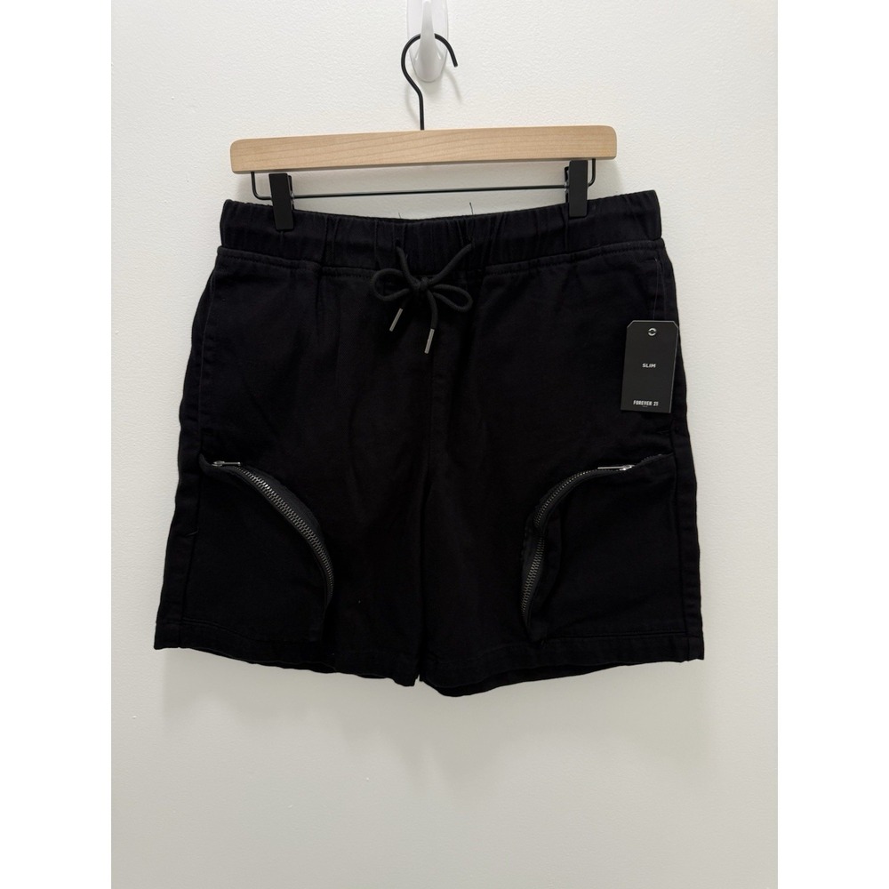 Forever 21‎ Men Slim Utility Cargo Shorts Black Drawstring Zip Pocket NWT M